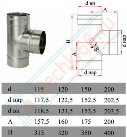 Тройник 90° без изол (НЕРЖ-321/0,8) d-150 (Дымок-Lux)