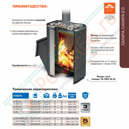 Печь для бани Сахара-10 ЛБ (2018), с баком 33 л (Теплодар)